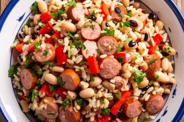 Hoppin' John (klobása, fazole černé oko a rýže)